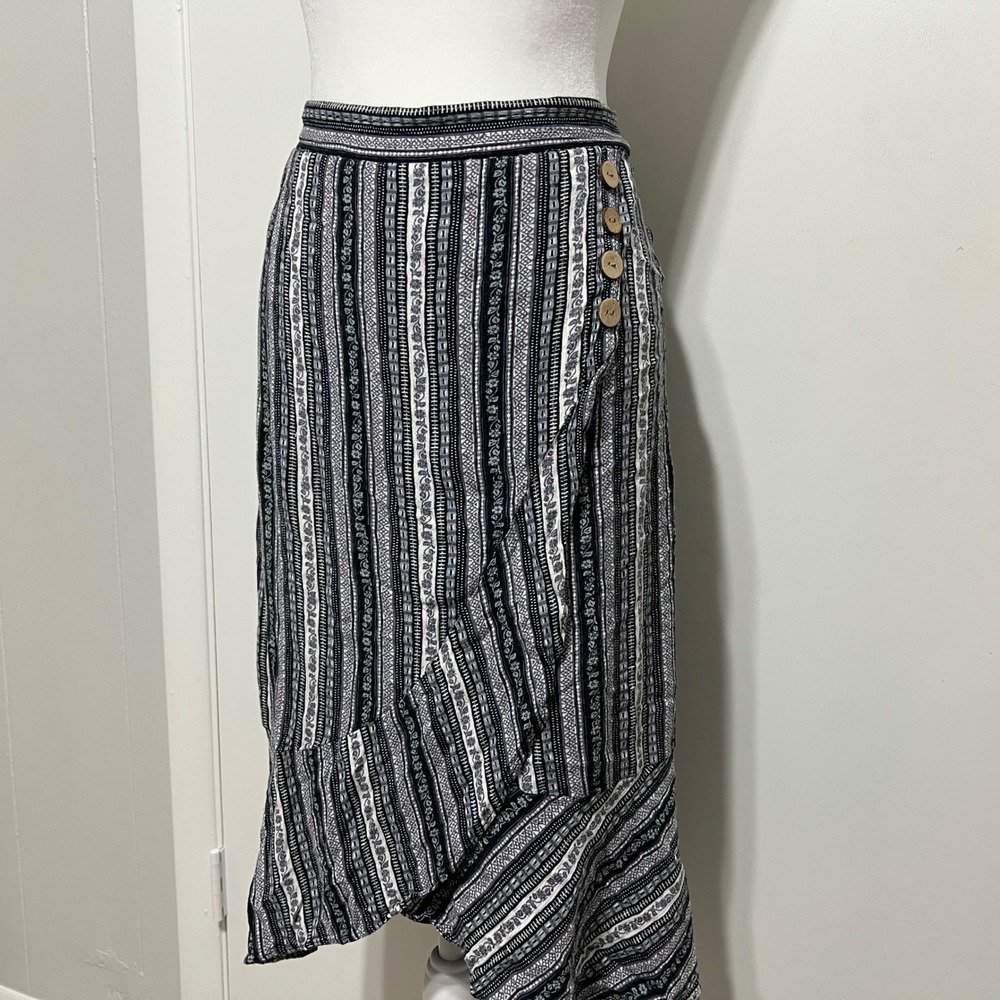 Alyx Womens‎ Striped Midi Skirt Size XL Black White Ruffle Hem Boho Festival